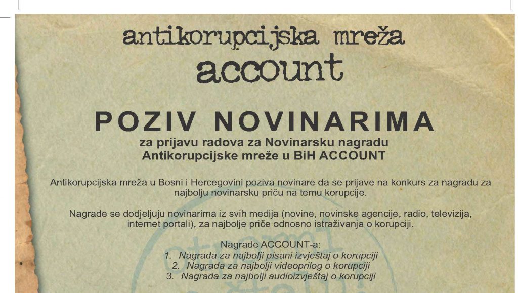 POZIV NOVINARIMA: ACCOUNT dodjeljuje nagrade za najbolje izvještavanje o korupciji
